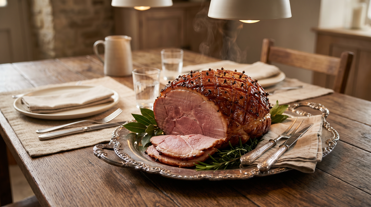Glazed boneless smoked ham on a silver platter, sliced at one end, set on a farmhouse dining table