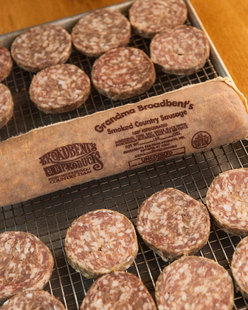 Grandma Broadbent's hickory smoked country sausage in a 1 lb cloth sack