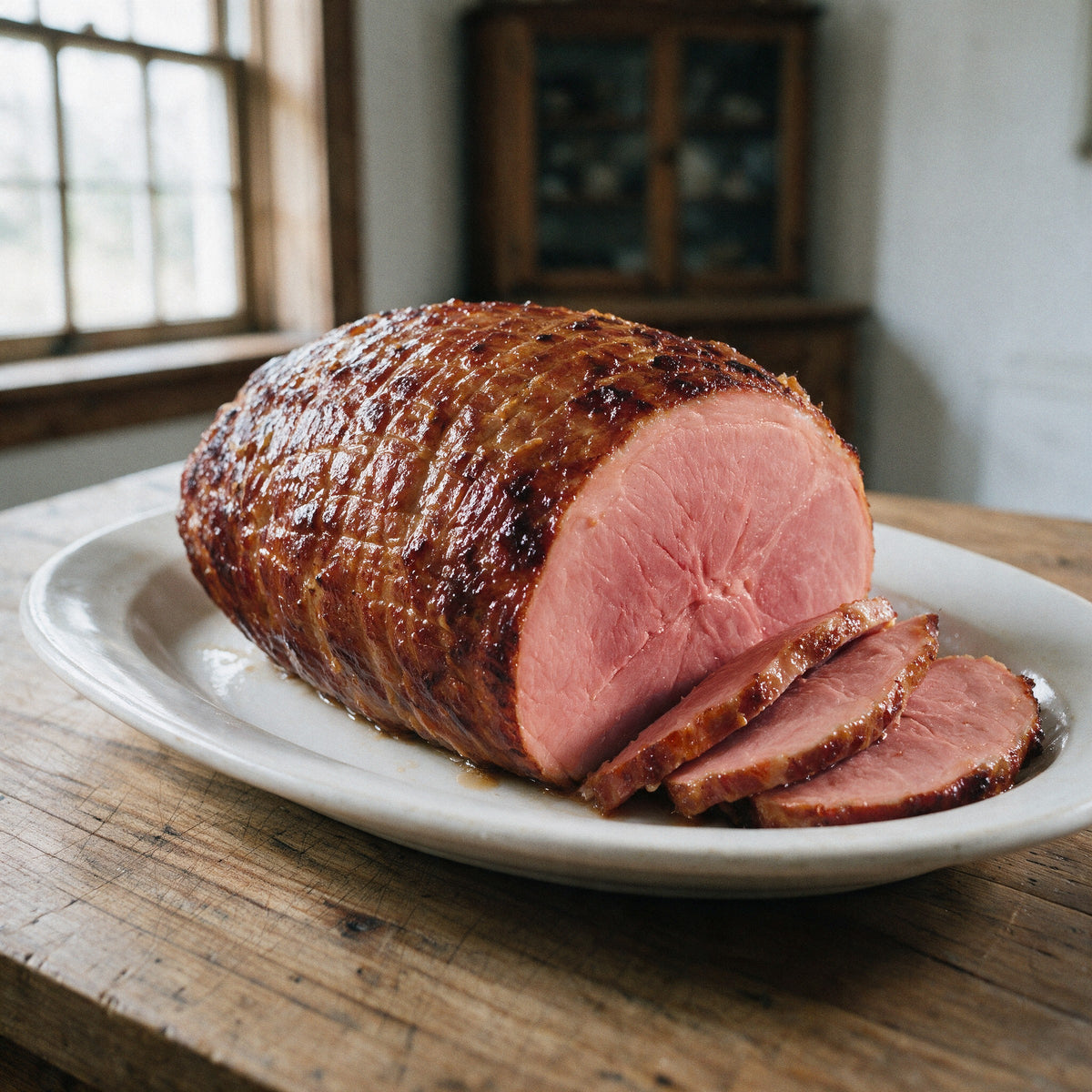 Whole Old Fashioned boneless smoked ham on a white platter with thick carved slices, brown sugar glazed crust