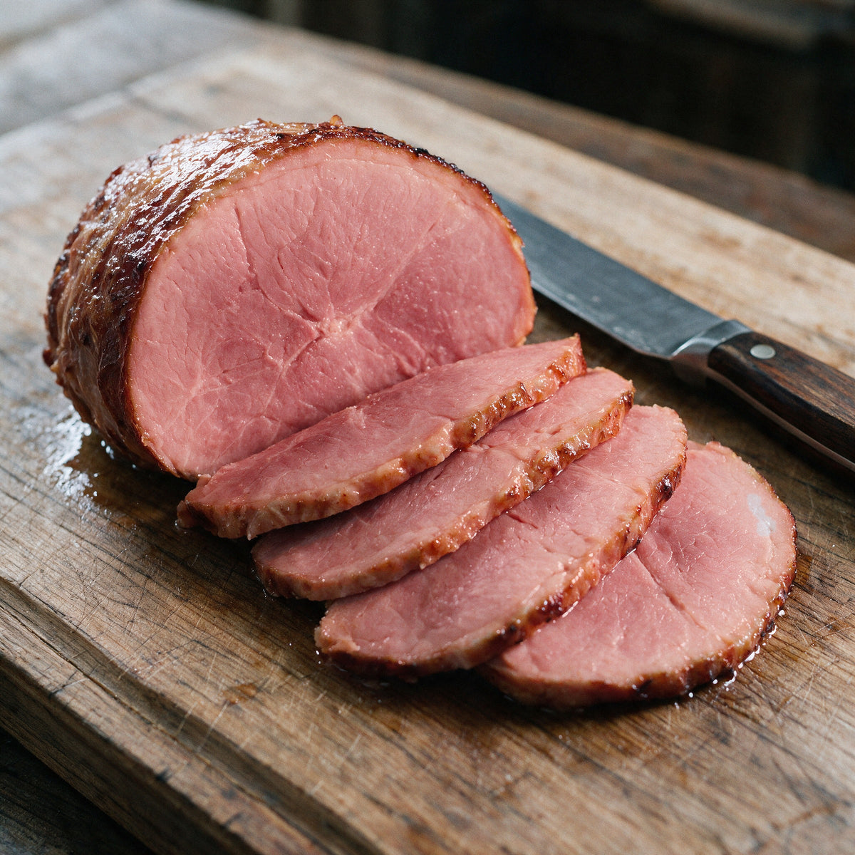 Close-up of thick hand-carved slices of hickory-smoked boneless ham on a butcher block