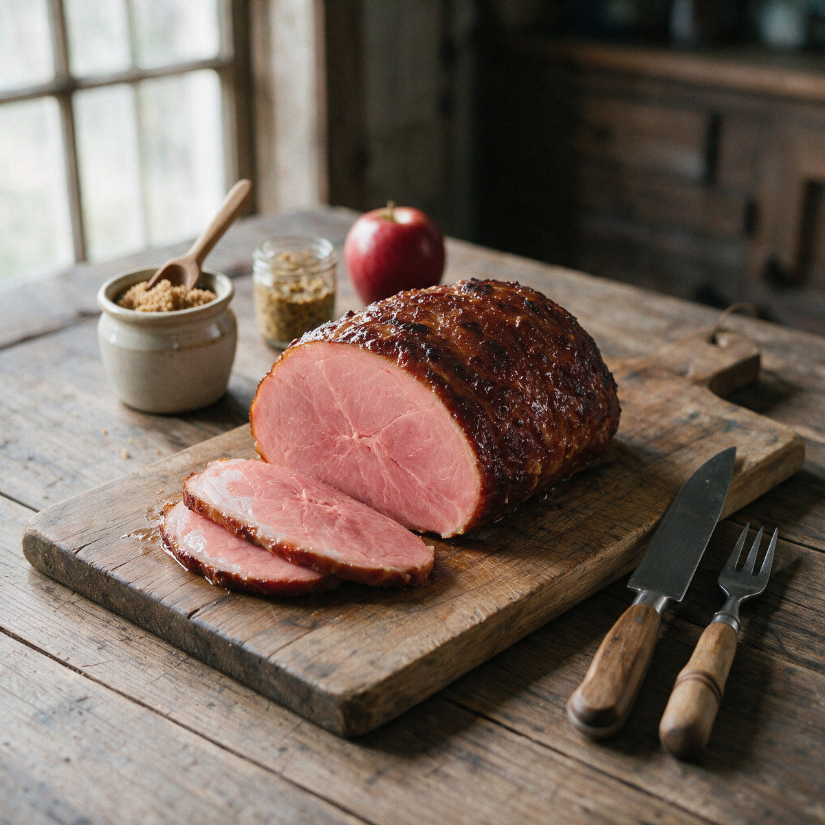 Whole boneless smoked ham on a carving board with brown sugar, whole-grain mustard, an apple, and a carving knife and fork