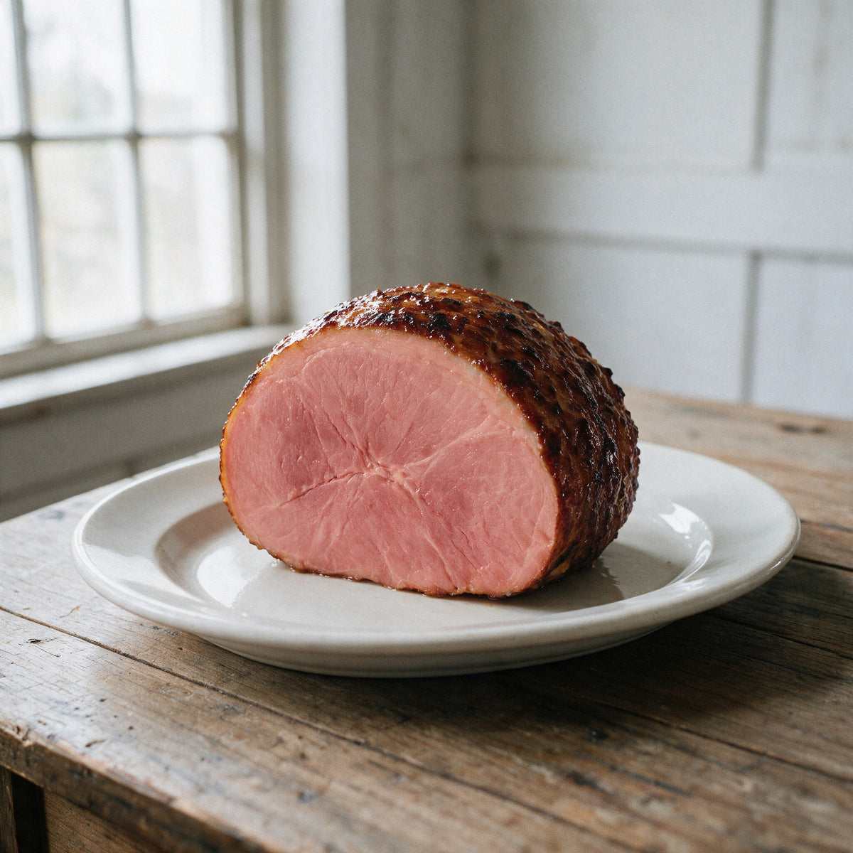 Half Old Fashioned boneless smoked ham on a white platter, showing the flat cut face and brown sugar glazed crust