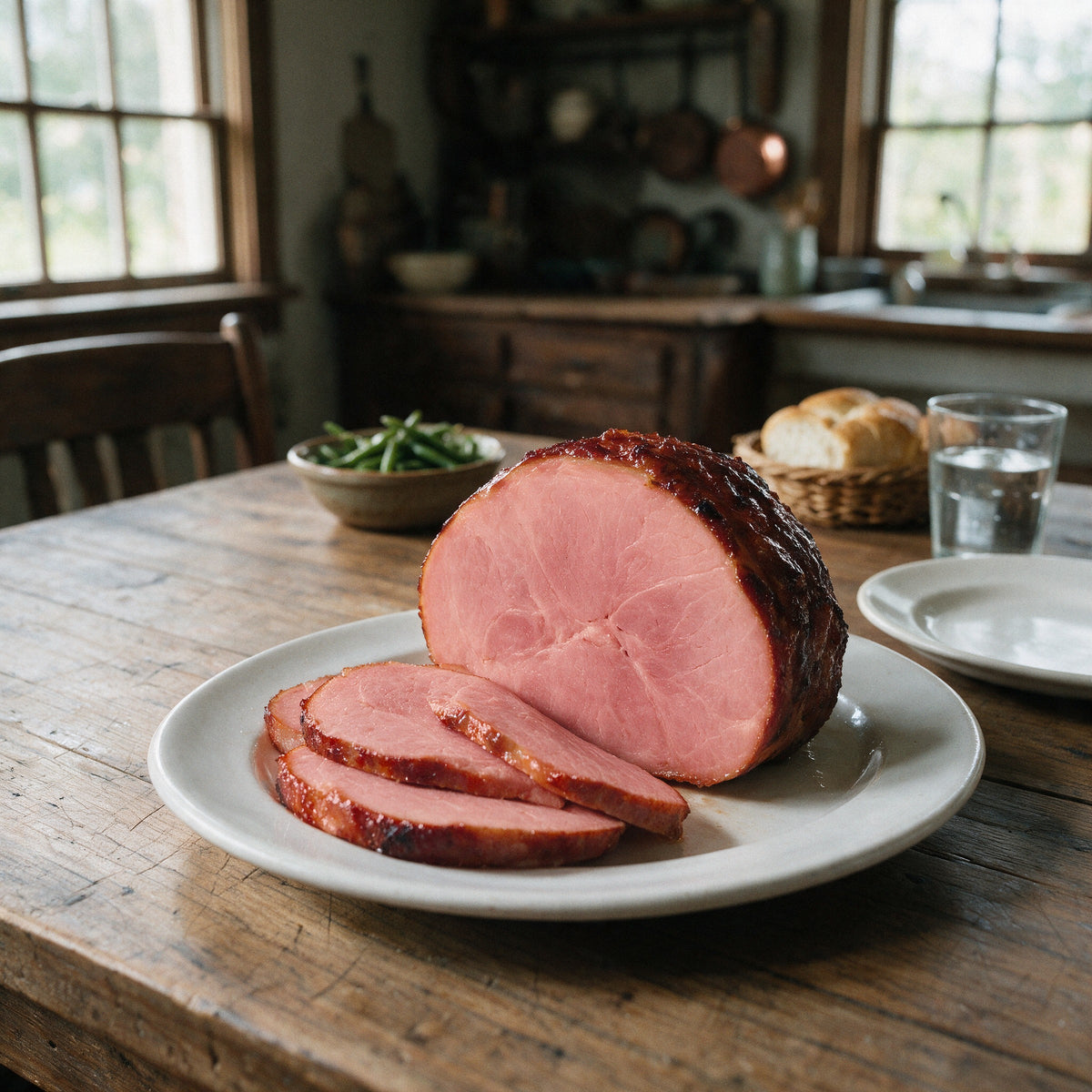 Half boneless smoked ham with carved slices on a platter next to a dinner plate and water glass for size