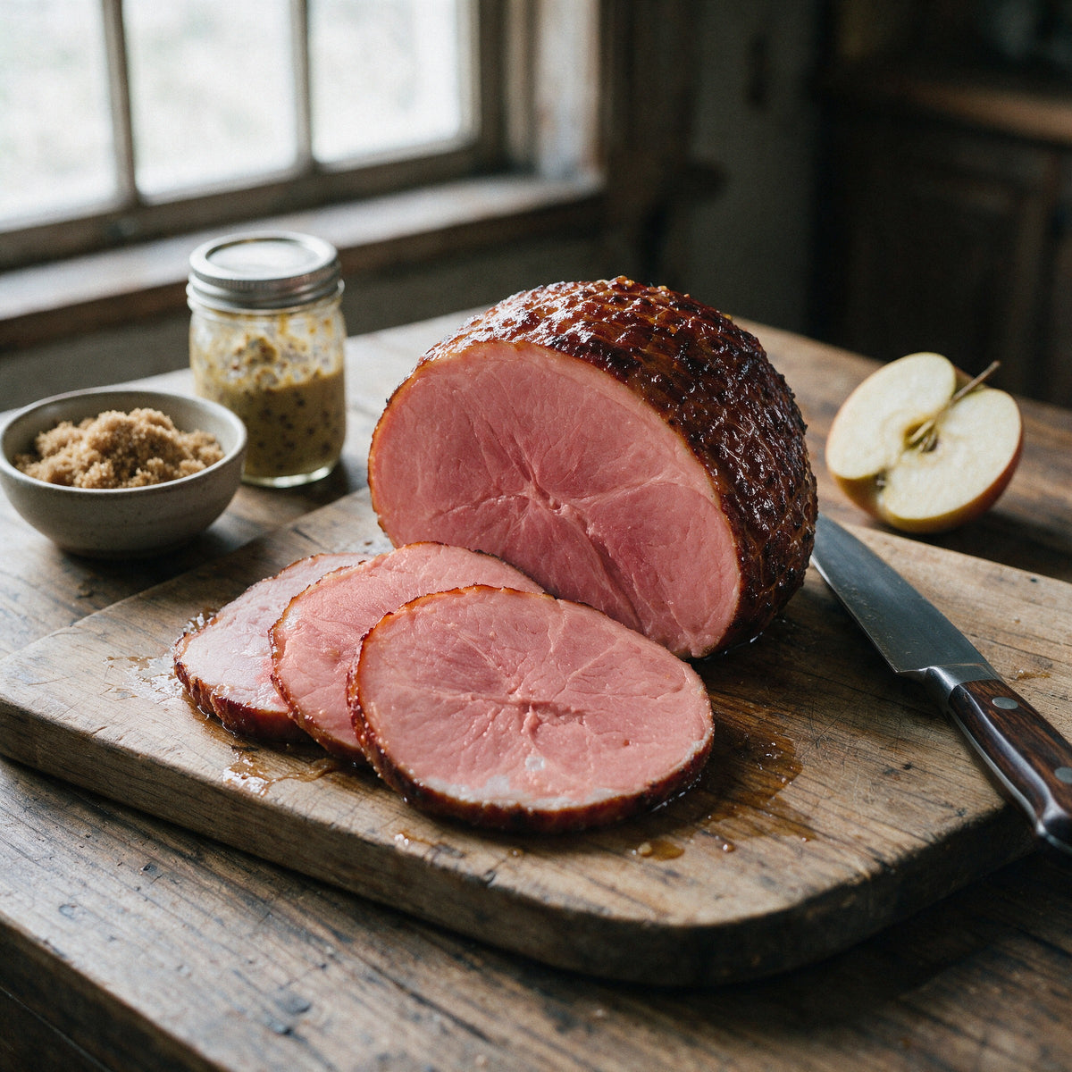 Half boneless smoked ham with thick slices on a cutting board with brown sugar, whole-grain mustard, and a halved apple