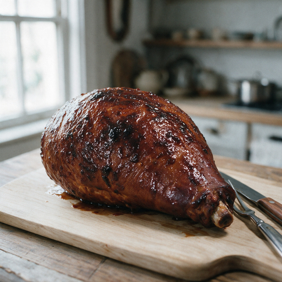 Whole bone-in smoked ham baked with a dark brown sugar glaze on a wooden carving board, shank bone showing