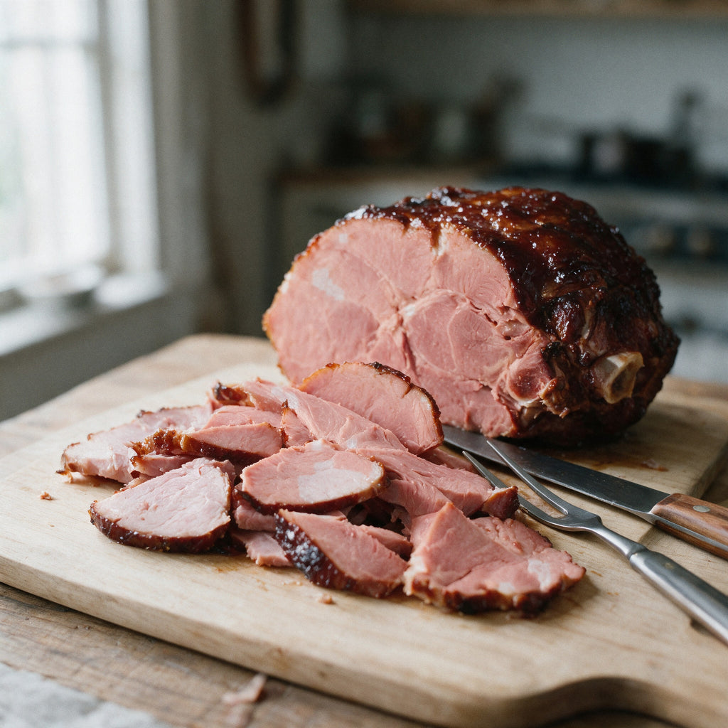 Baked bone-in smoked ham being carved on a wooden board, with hand-cut slices and a carving knife and fork