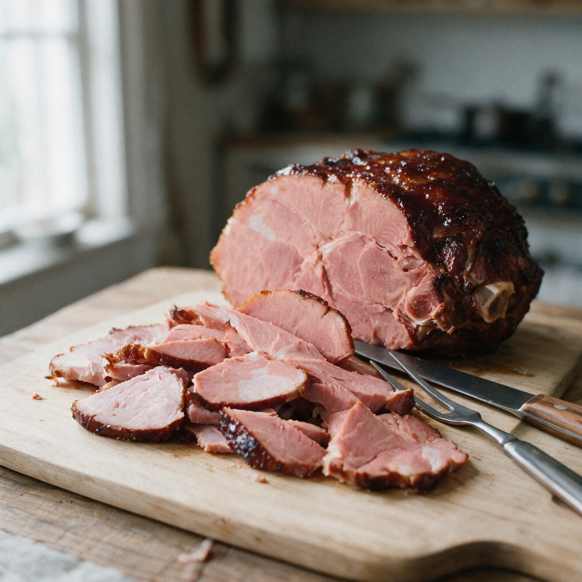 Baked bone-in smoked ham being carved on a wooden board, with hand-cut slices and a carving knife and fork