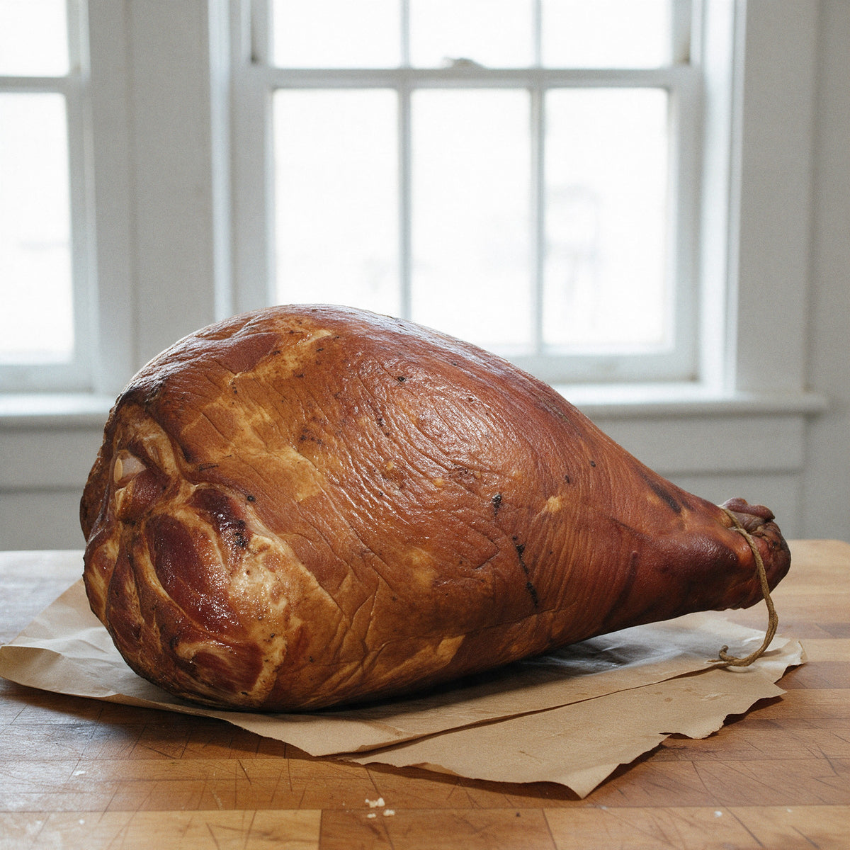 Whole bone-in hickory-smoked ham, skin on and ready to cook, on butcher paper as it arrives