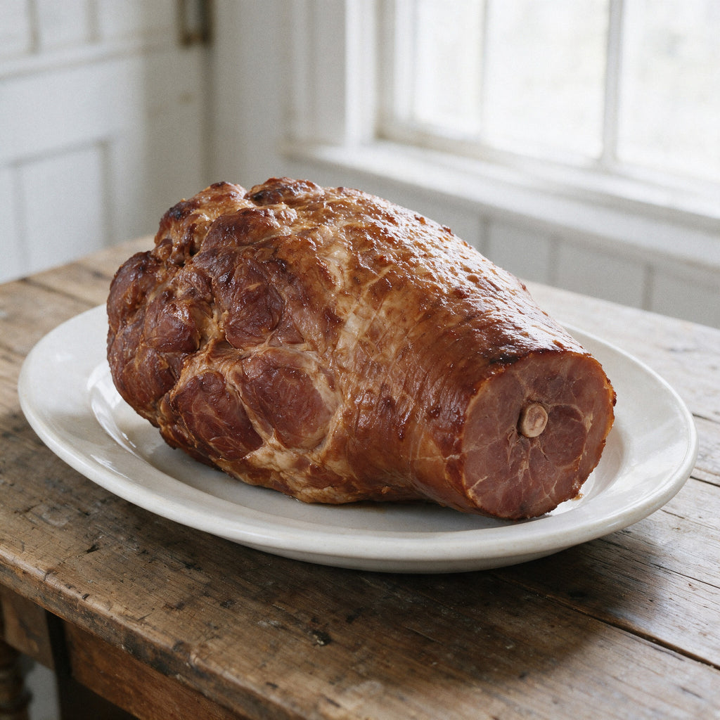 Skinless and shankless bone-in smoked ham on a white platter, trimmed lean with the flat sawn shank end showing the bone
