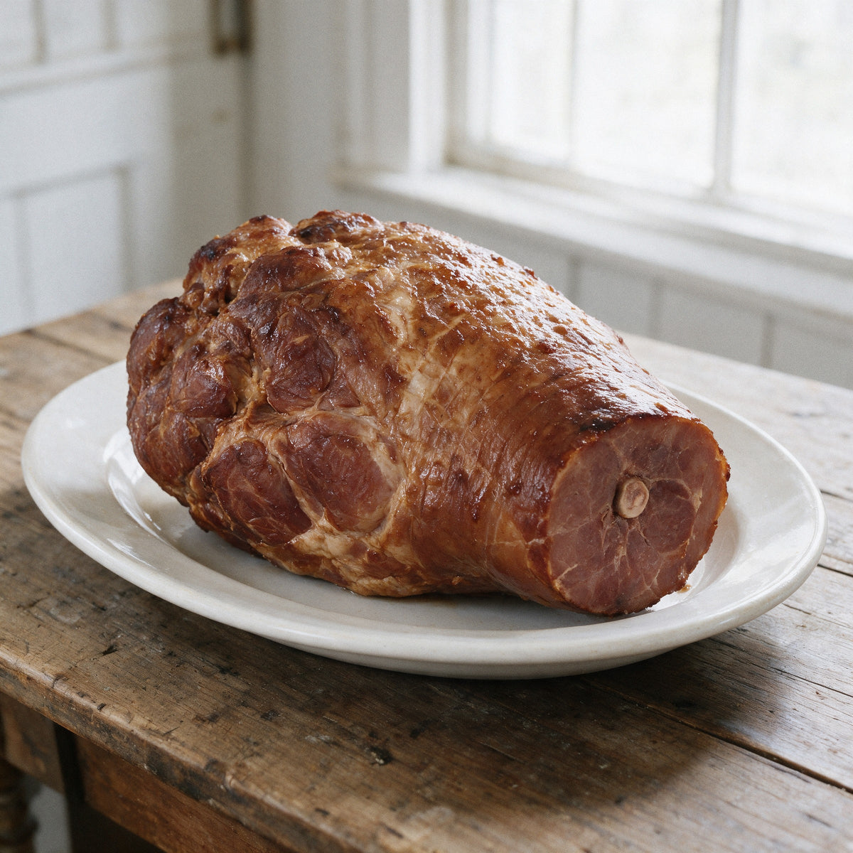 Skinless and shankless bone-in smoked ham on a white platter, trimmed lean with the flat sawn shank end showing the bone