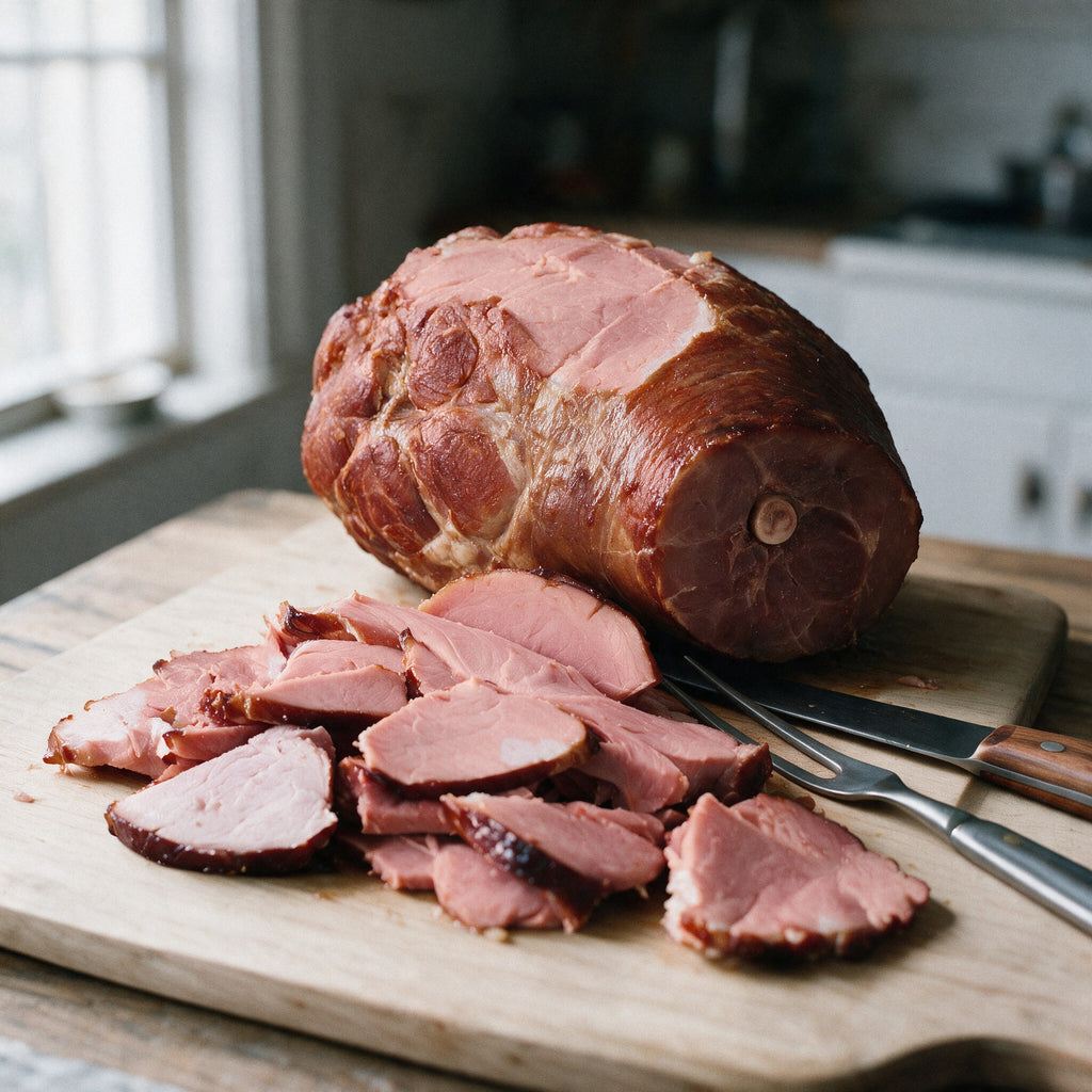 Skinless and shankless bone-in smoked ham on a carving board with slices carved from the top and a carving knife and fork