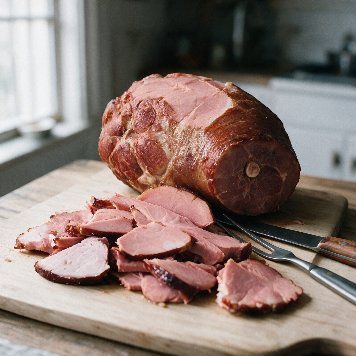 Skinless and shankless bone-in smoked ham on a carving board with slices carved from the top and a carving knife and fork