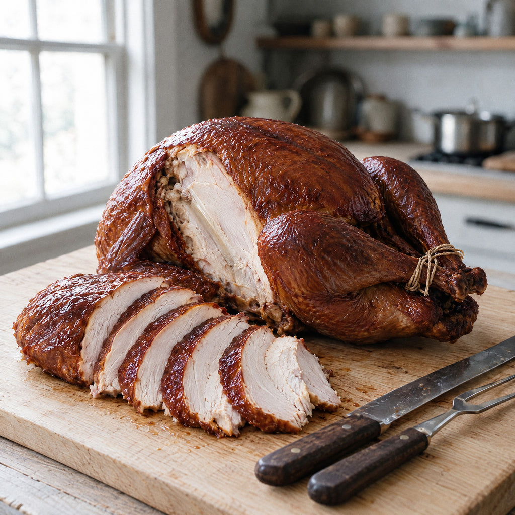 Hickory-smoked turkey with one breast carved off and sliced on a wooden carving board, with a carving knife and fork