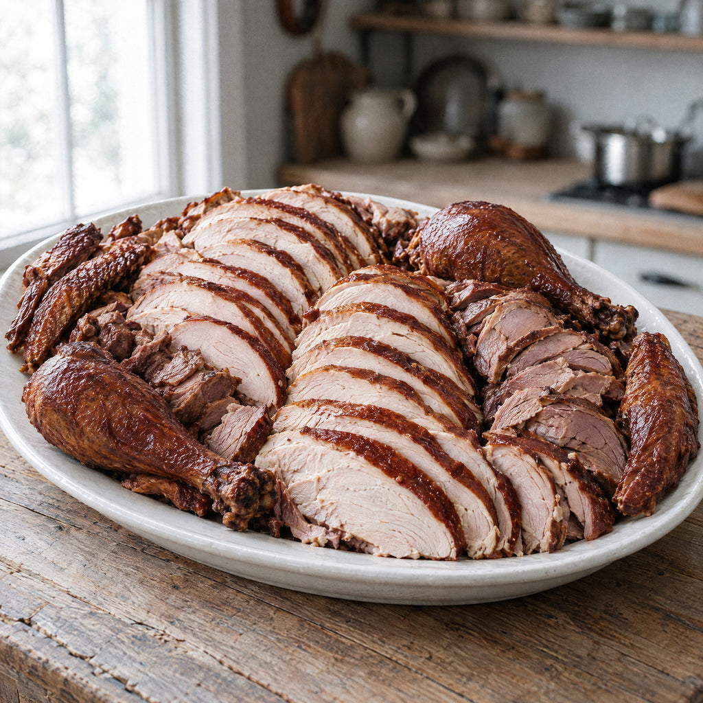 Large platter of carved hickory-smoked turkey with sliced breast, drumsticks, wings and dark meat, enough for a holiday crowd