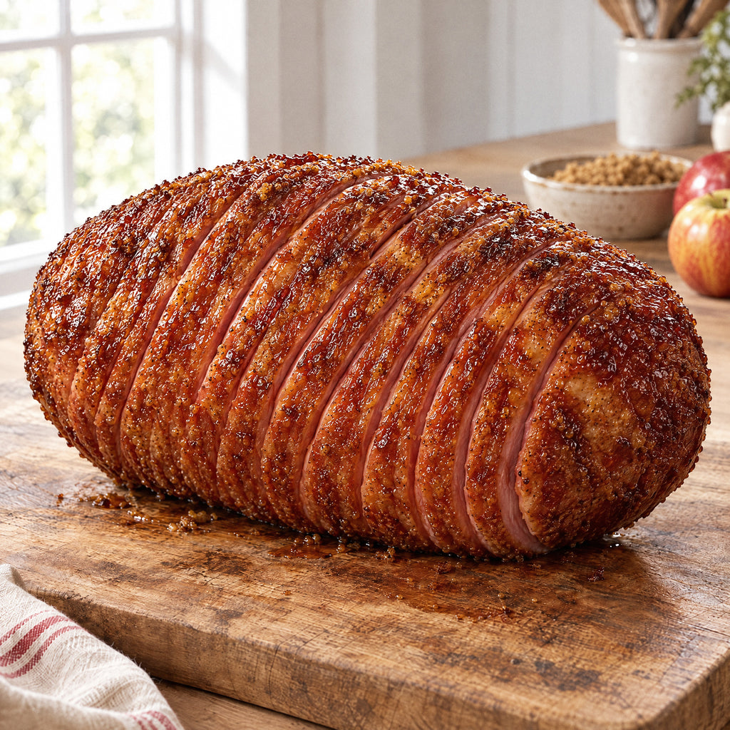 Whole spiral sliced ham with a crusty brown sugar glaze on a wooden cutting board