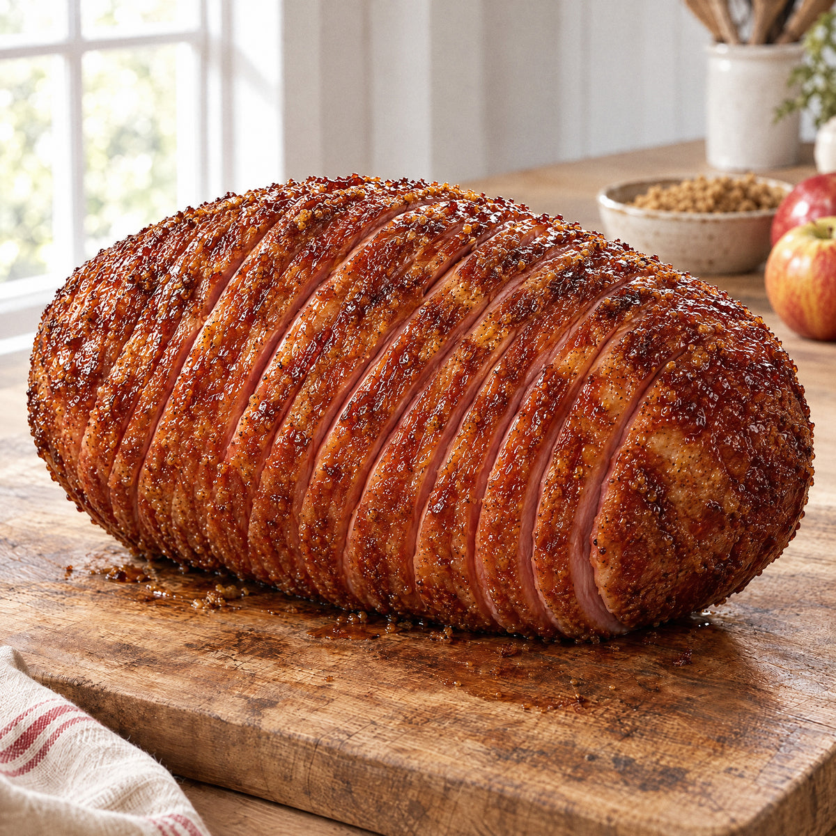 Whole spiral sliced ham with a crusty brown sugar glaze on a wooden cutting board
