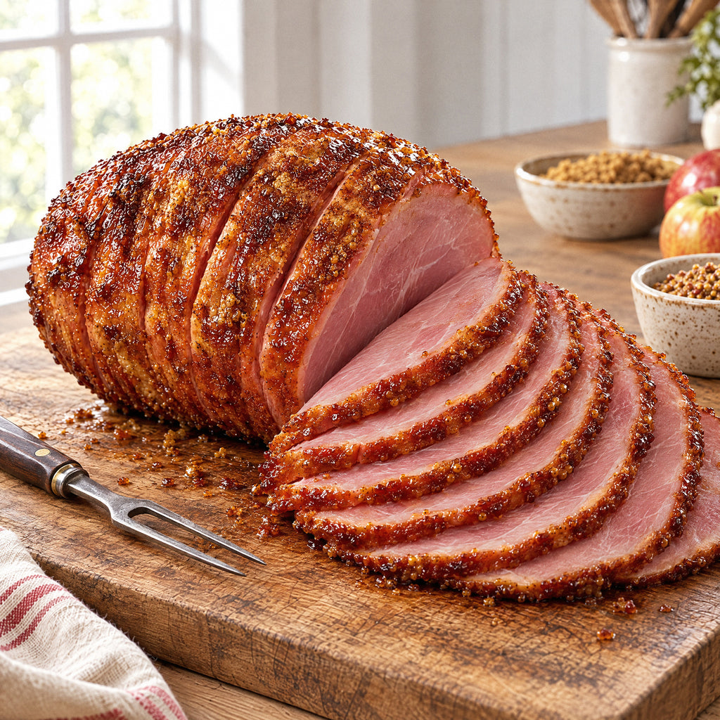 Whole spiral sliced ham with glazed slices fanned out on the cutting board, ready to serve