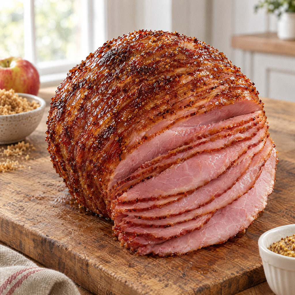 Half spiral sliced ham, cut from a whole ham, with glazed slices fanning off the cut end