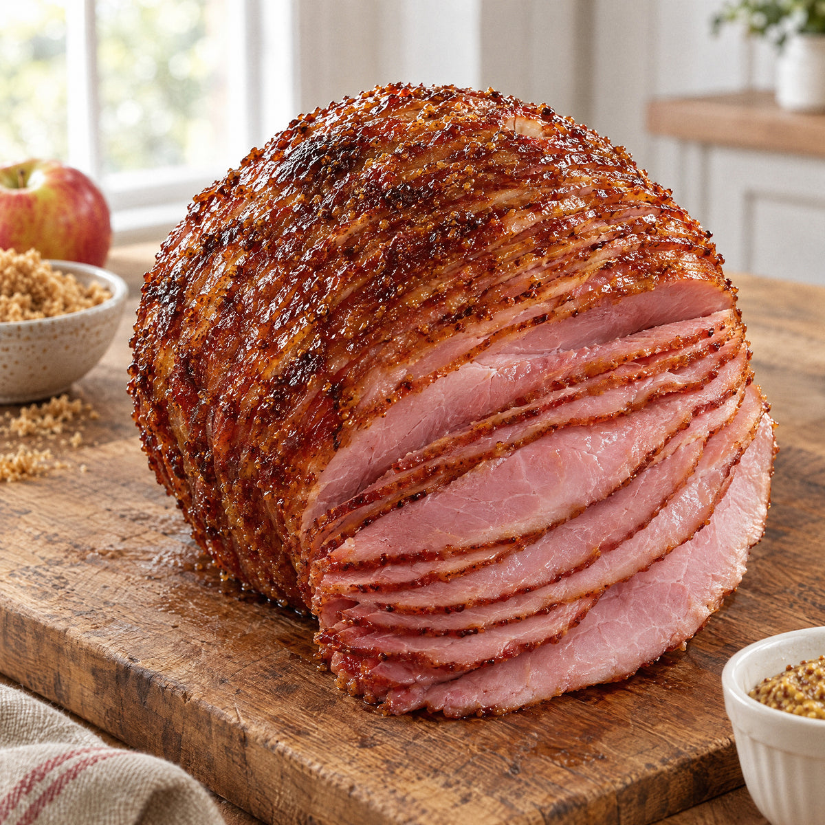 Half spiral sliced ham, cut from a whole ham, with glazed slices fanning off the cut end