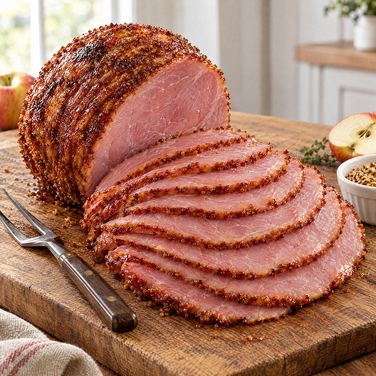Half spiral sliced ham with full-size glazed slices laid out on a wooden board for serving