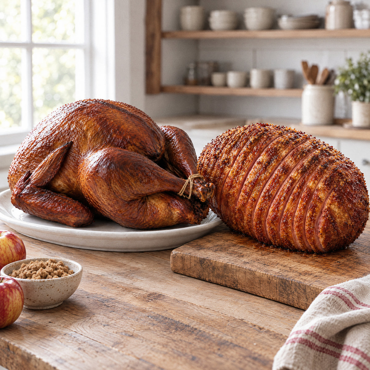 Whole hickory-smoked turkey and whole spiral sliced ham side by side on a farmhouse kitchen island
