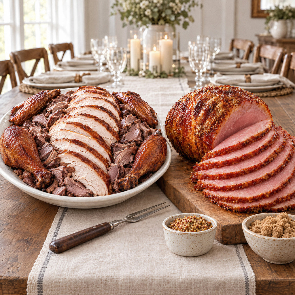Carved smoked turkey platter and spiral sliced ham with slices fanned out on a holiday dinner table, enough for a big crowd
