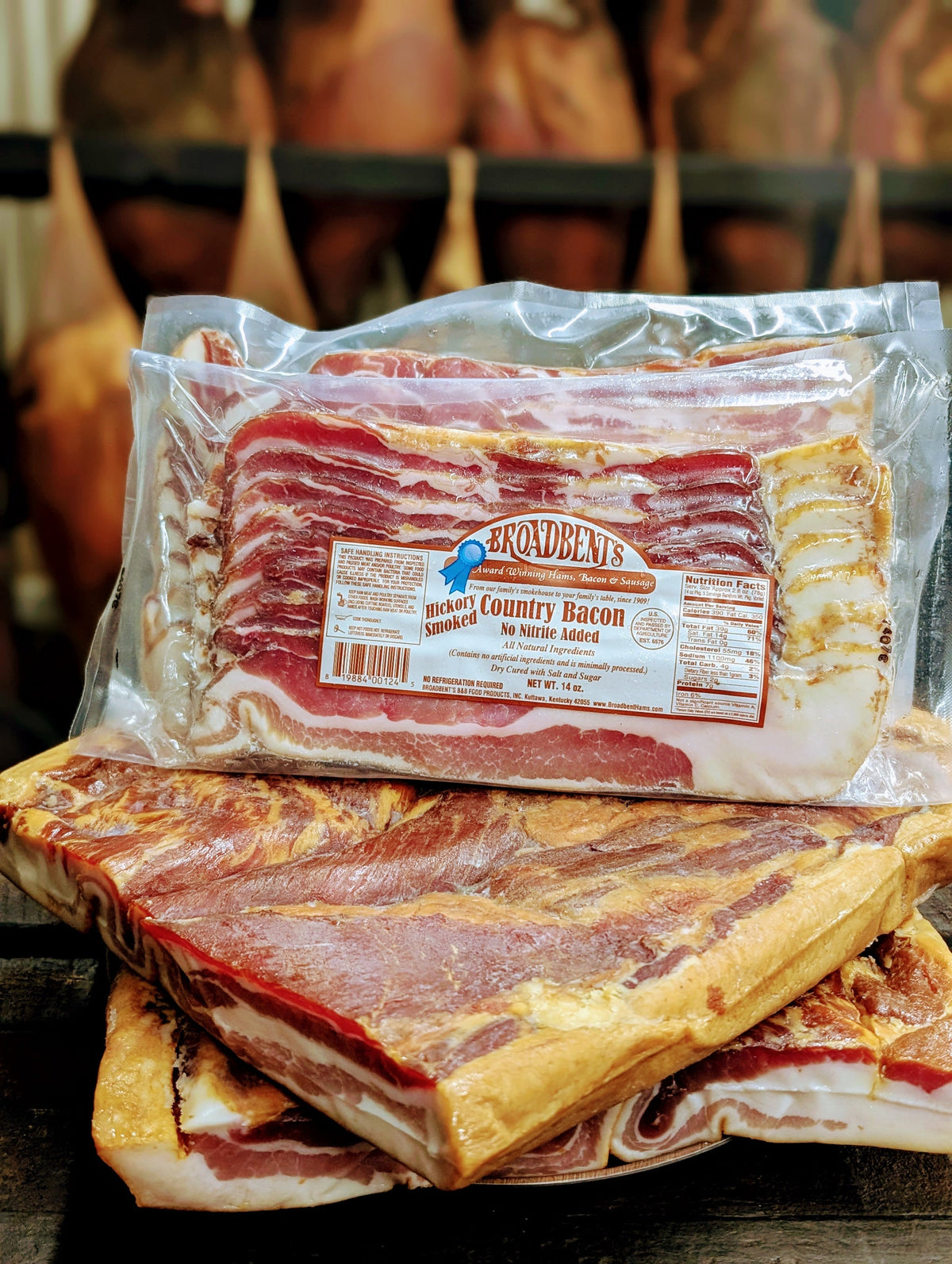 Broadbent's Hickory Smoked Country Bacon, No Nitrite Added, 14 oz vacuum-sealed package