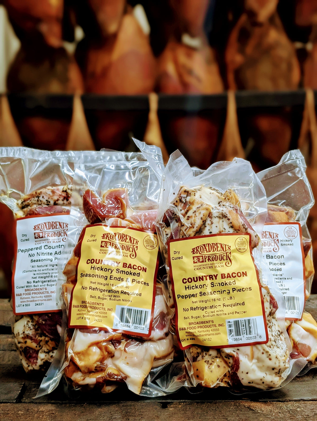 Broadbent's dry-cured country bacon seasoning ends and pieces, 1 lb vacuum-sealed packs, including the no nitrite added version