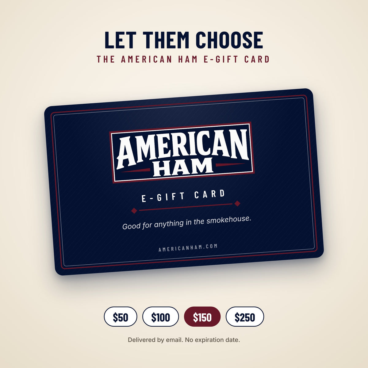 American Ham E-Gift Card, a navy card with the American Ham logo, offered in amounts from $50 to $250