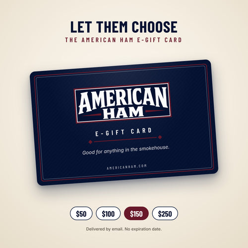 American Ham E-Gift Card, a navy card with the American Ham logo, offered in amounts from $50 to $250