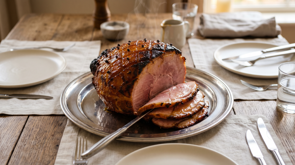 Half boneless smoked ham with a scored, clove-studded glaze on a pewter platter, with slices cut and fanned beside it