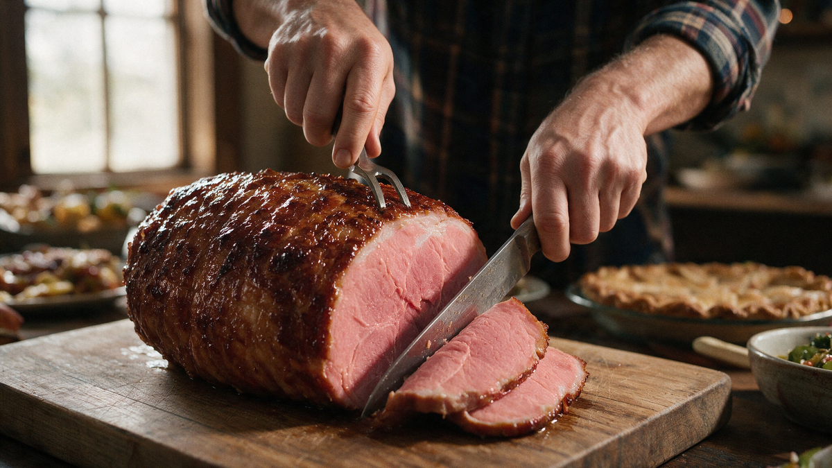 A close-up of a person slicing a cooked ham on a wooden cutting board in a kitchen setting.