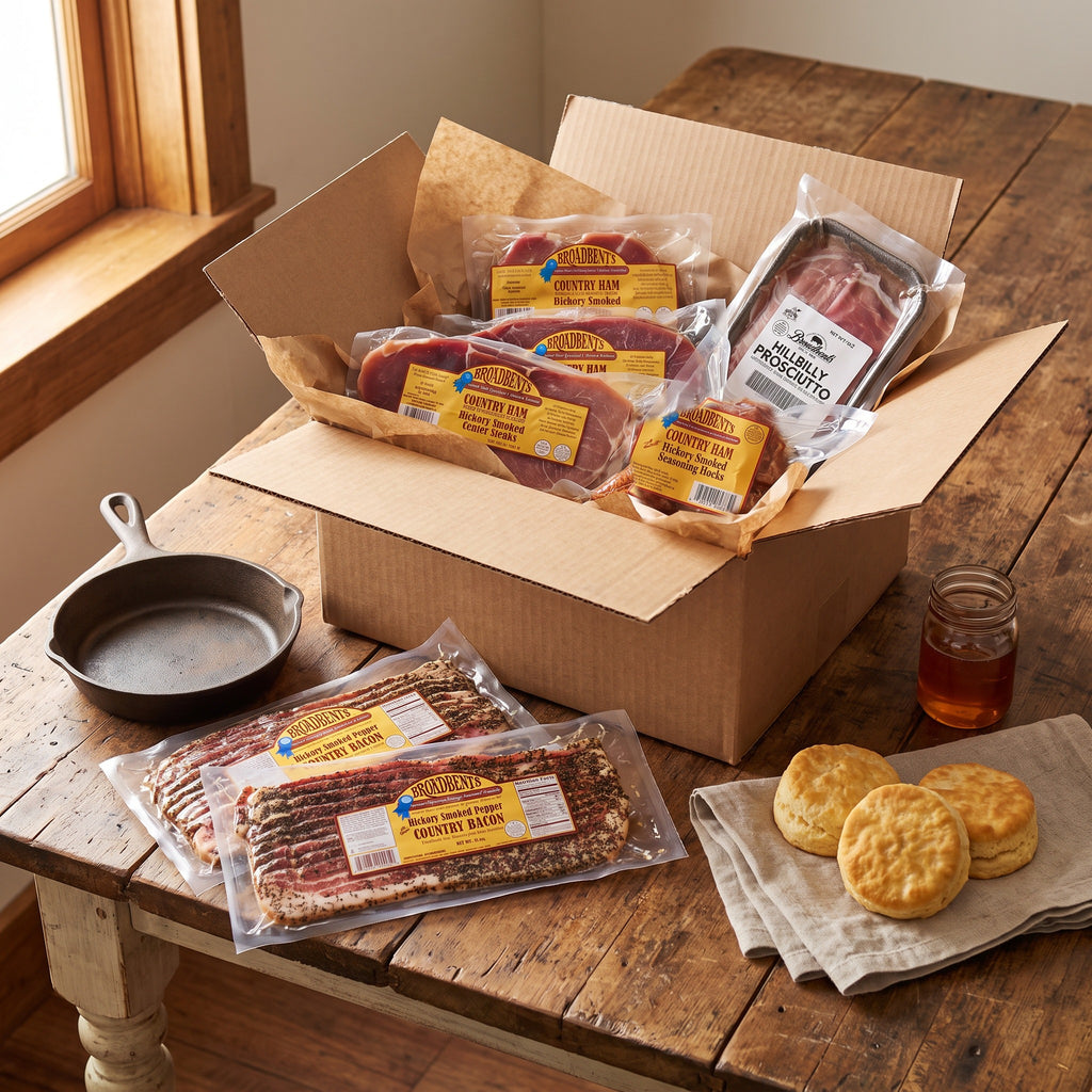 Broadbent's country ham sampler gift box opened on a farmhouse table with pepper bacon, biscuits, and a cast iron skillet