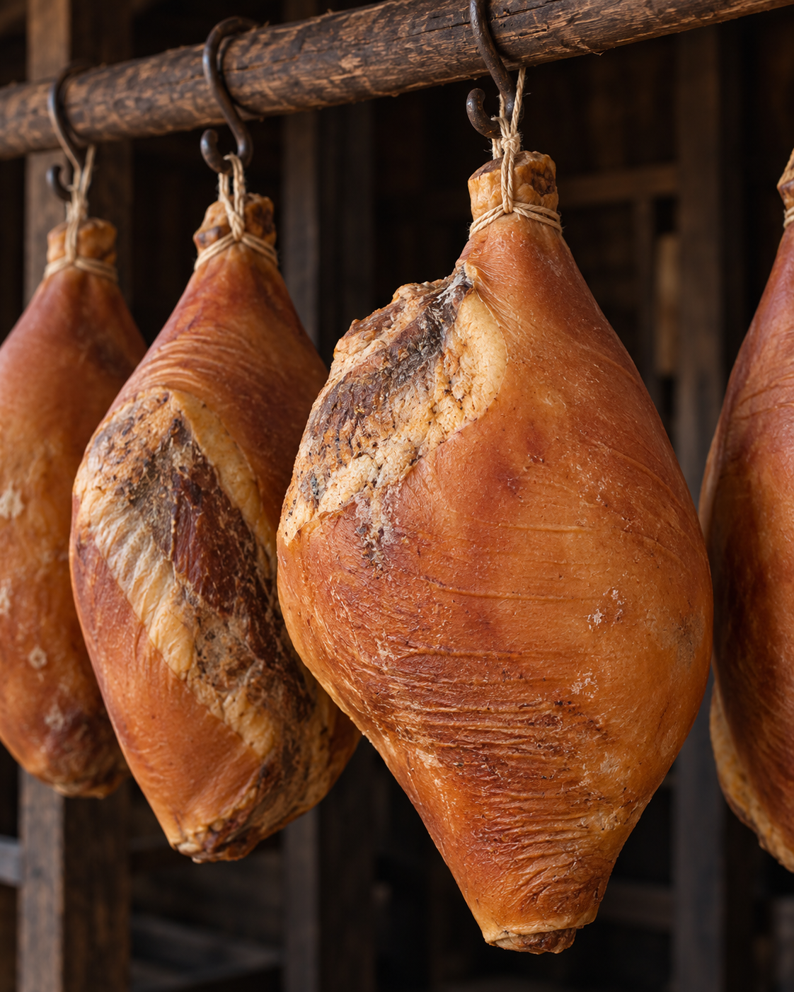 Country hams hanging to cure in a smokehouse